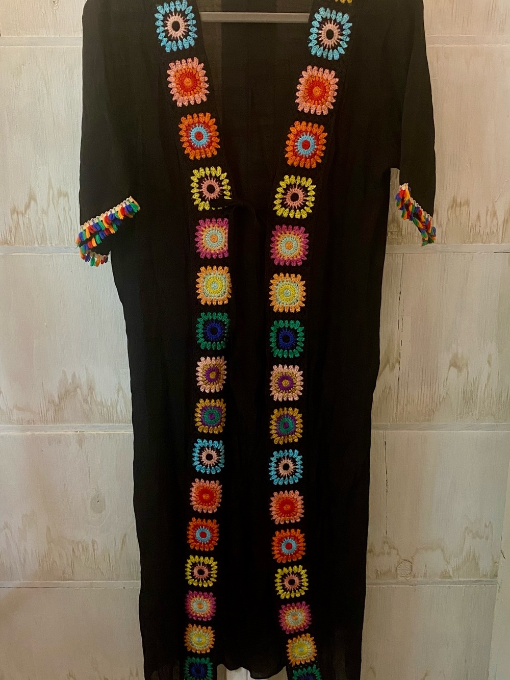 Rebellion Black Maxi Robe Duster with Multicolor Crochet Granny Square Small
